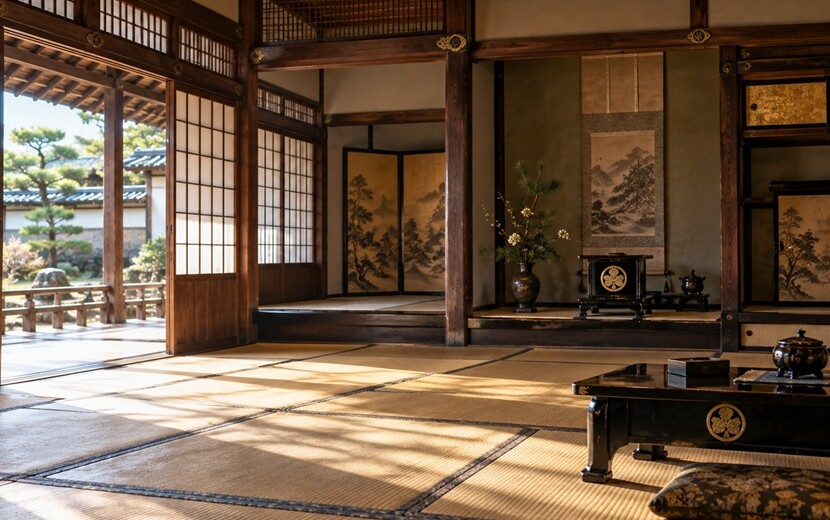 徳川家の三つ葉葵の家紋をあしらった調度品が置かれた江戸時代の武家屋敷