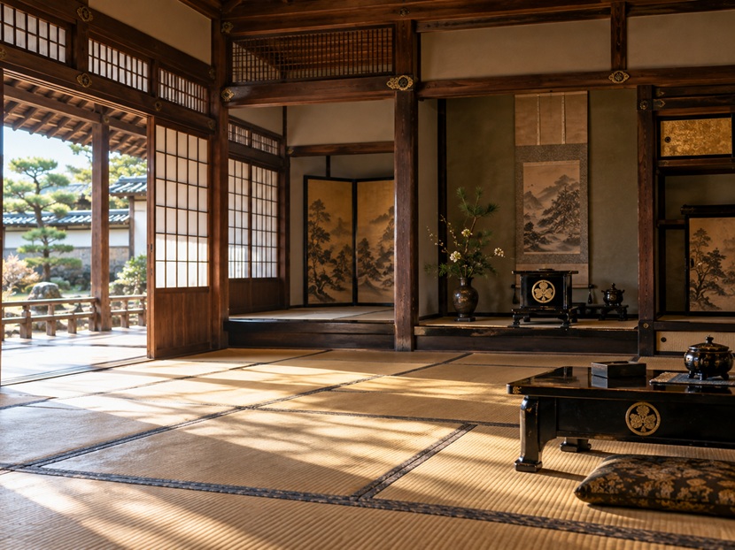 徳川家の三つ葉葵の家紋をあしらった調度品が置かれた江戸時代の武家屋敷