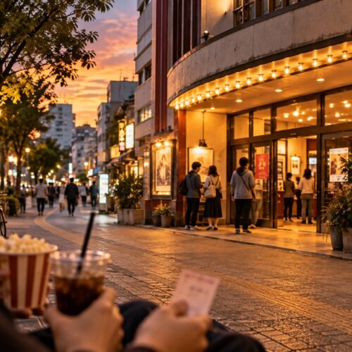 夕方の博多の街にある小さな映画館と待ち合わせをする人々