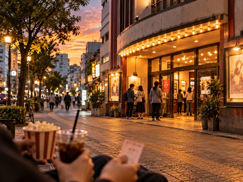 夕方の博多の街にある小さな映画館と待ち合わせをする人々