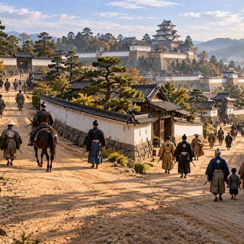 江戸時代初期の城下町を背景に異なる道へ進む武家の若者たちの歴史再現風景