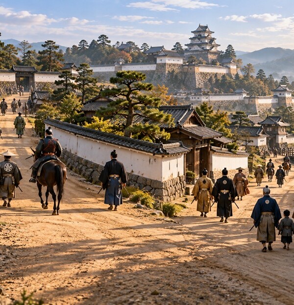 江戸時代初期の城下町を背景に異なる道へ進む武家の若者たちの歴史再現風景