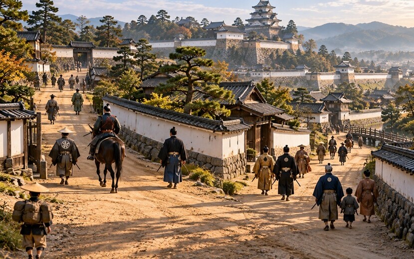 江戸時代初期の城下町を背景に異なる道へ進む武家の若者たちの歴史再現風景