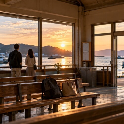 福岡の海沿いの待合所で二人が並んで海を見る博多弁の告白をイメージした風景