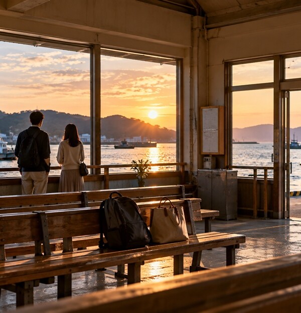 福岡の海沿いの待合所で二人が並んで海を見る博多弁の告白をイメージした風景