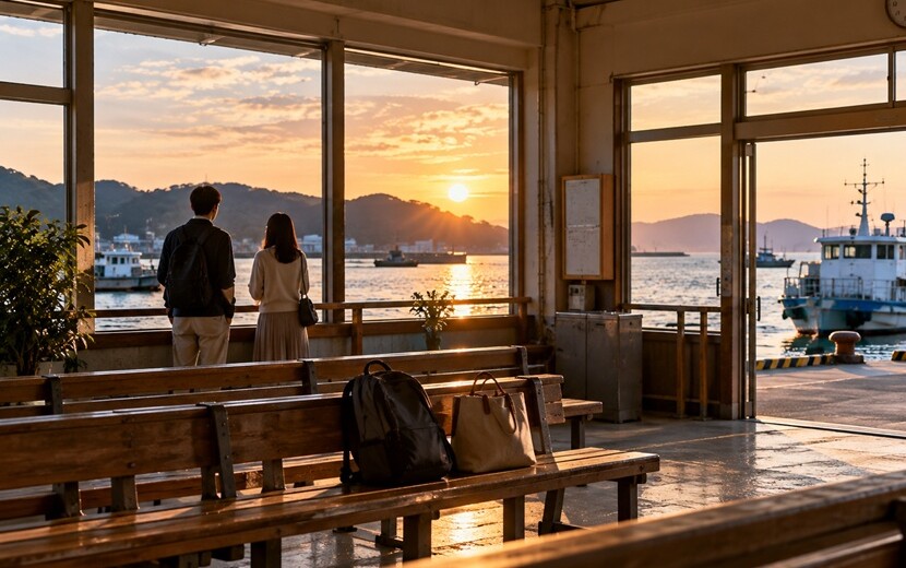 福岡の海沿いの待合所で二人が並んで海を見る博多弁の告白をイメージした風景