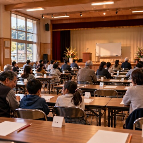 地域の公民館で幅広い年代の参加者がクイズに挑戦する博多弁クイズをイメージした風景
