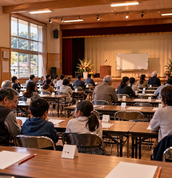 地域の公民館で幅広い年代の参加者がクイズに挑戦する博多弁クイズをイメージした風景