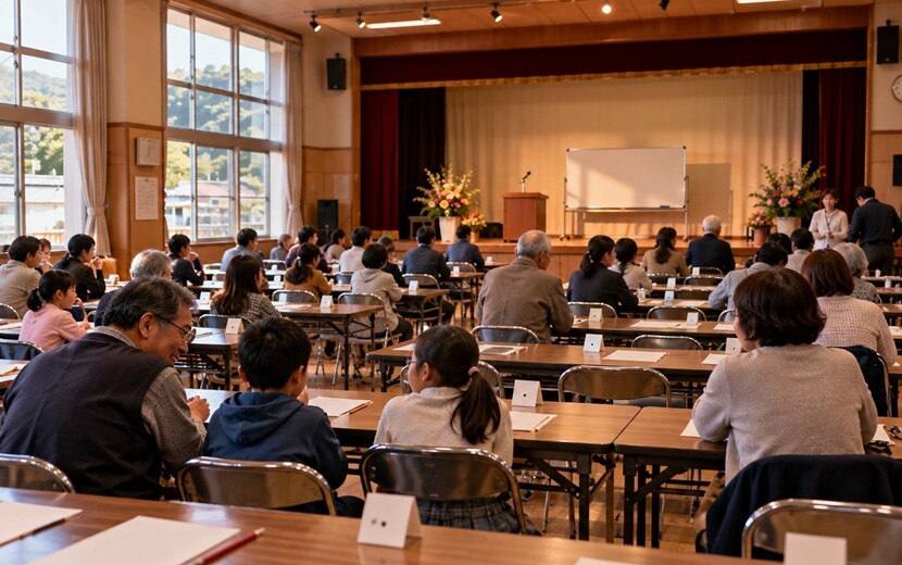 地域の公民館で幅広い年代の参加者がクイズに挑戦する博多弁クイズをイメージした風景