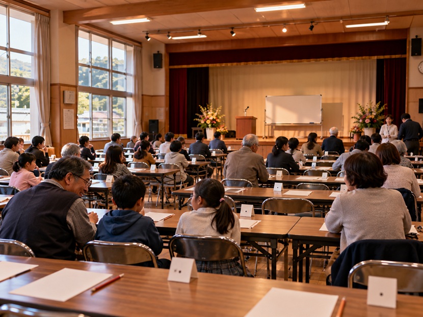 地域の公民館で幅広い年代の参加者がクイズに挑戦する博多弁クイズをイメージした風景