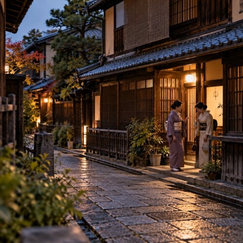 京都の雨上がりの路地で言葉の微妙なニュアンスを表現した風景