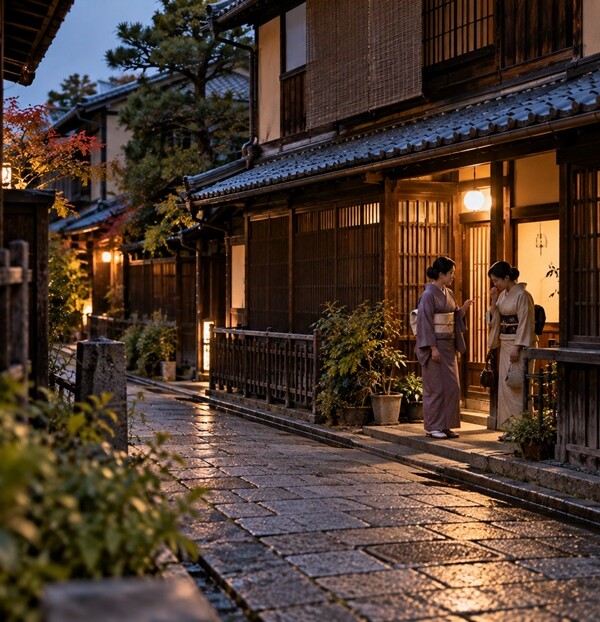 京都の雨上がりの路地で言葉の微妙なニュアンスを表現した風景