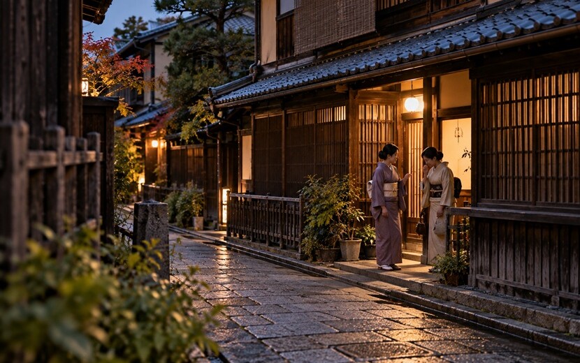 京都の雨上がりの路地で言葉の微妙なニュアンスを表現した風景