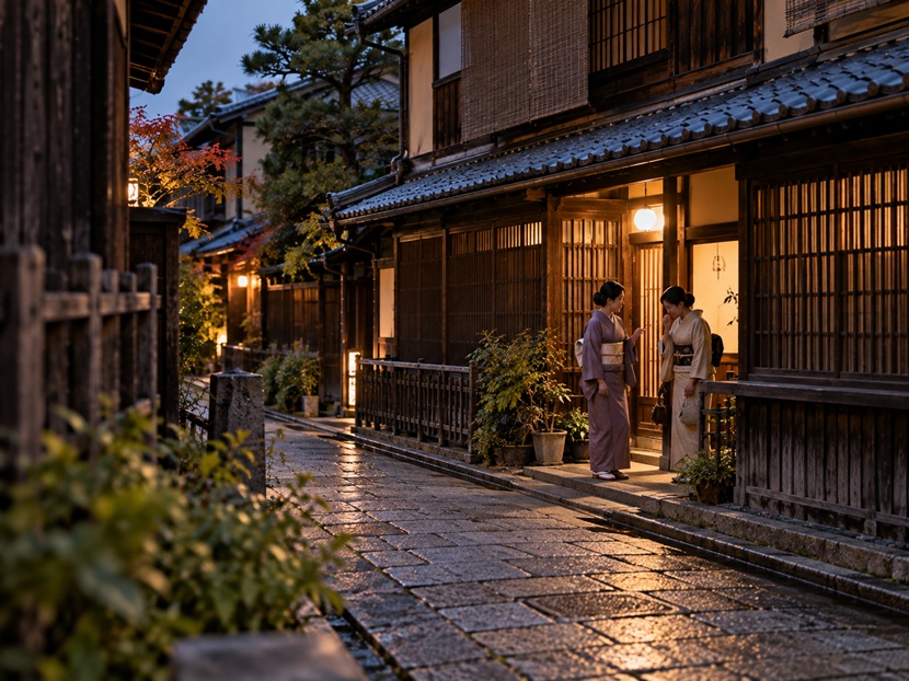 京都の雨上がりの路地で言葉の微妙なニュアンスを表現した風景