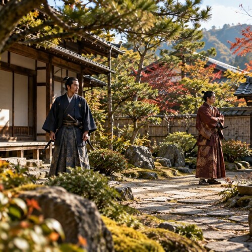 前田利家と前田慶次の叔父と甥の関係をイメージした戦国武将二人の姿