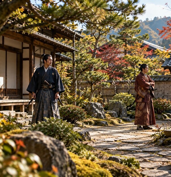 前田利家と前田慶次の叔父と甥の関係をイメージした戦国武将二人の姿