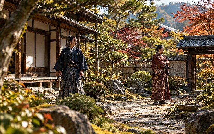 前田利家と前田慶次の叔父と甥の関係をイメージした戦国武将二人の姿