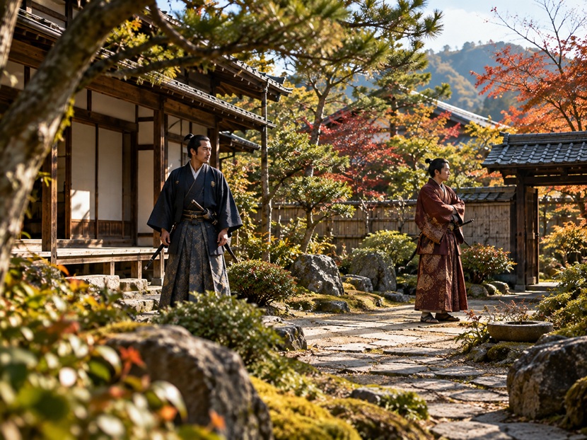前田利家と前田慶次の叔父と甥の関係をイメージした戦国武将二人の姿