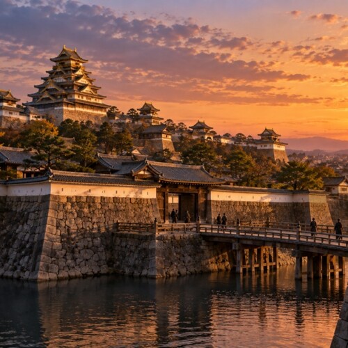 前田利家が晩年を過ごした1599年頃の大坂城と夕暮れの風景を再現した歴史イメージ