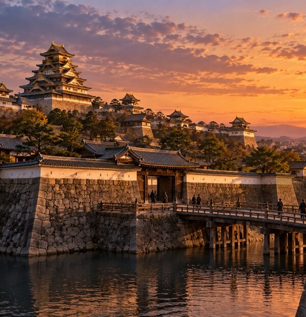 前田利家が晩年を過ごした1599年頃の大坂城と夕暮れの風景を再現した歴史イメージ