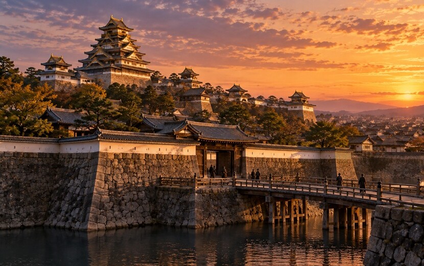 前田利家が晩年を過ごした1599年頃の大坂城と夕暮れの風景を再現した歴史イメージ