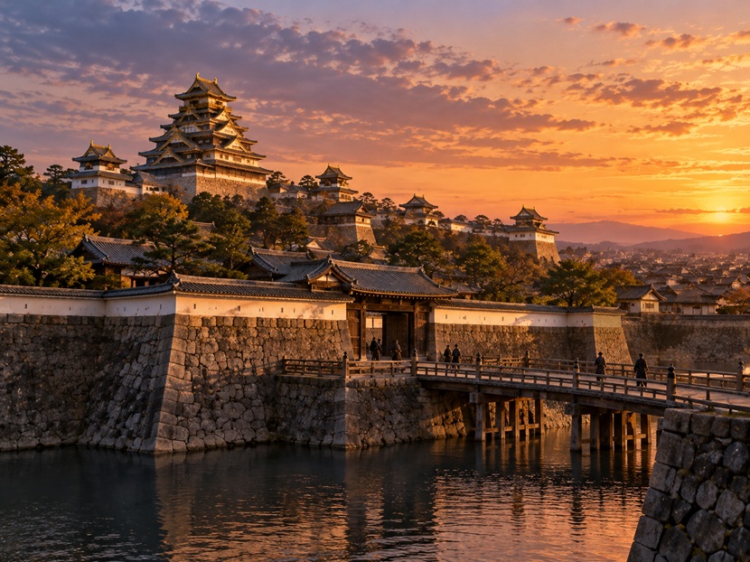 前田利家が晩年を過ごした1599年頃の大坂城と夕暮れの風景を再現した歴史イメージ