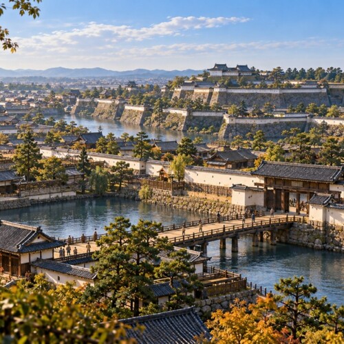 徳川家康が江戸幕府を開いた時代をイメージした江戸城と城下町の風景