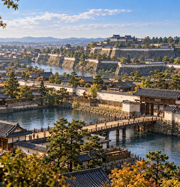 徳川家康が江戸幕府を開いた時代をイメージした江戸城と城下町の風景