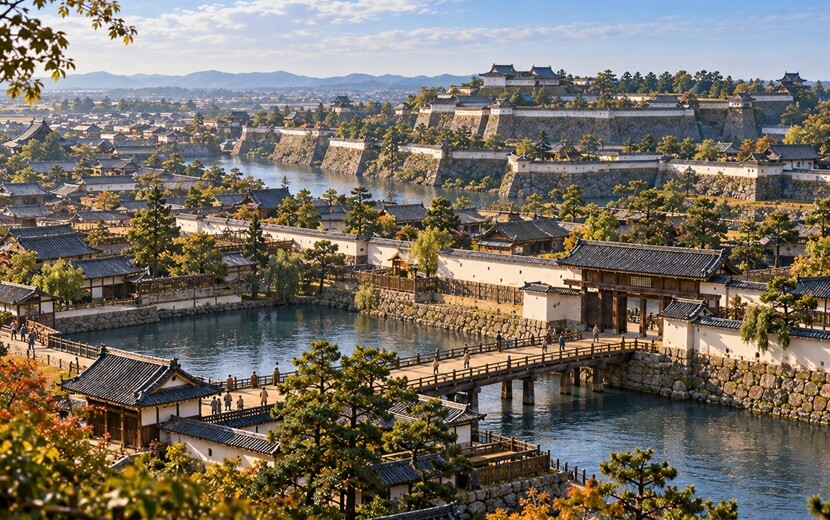 徳川家康が江戸幕府を開いた時代をイメージした江戸城と城下町の風景
