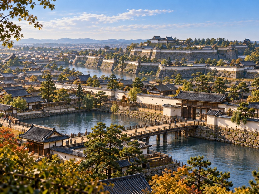 徳川家康が江戸幕府を開いた時代をイメージした江戸城と城下町の風景