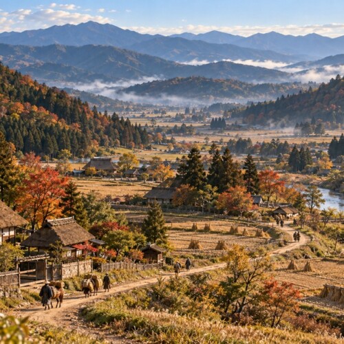 戦国時代の奥州をイメージした山々と田園風景に続く街道