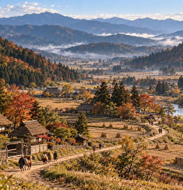 戦国時代の奥州をイメージした山々と田園風景に続く街道