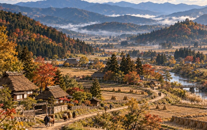 戦国時代の奥州をイメージした山々と田園風景に続く街道