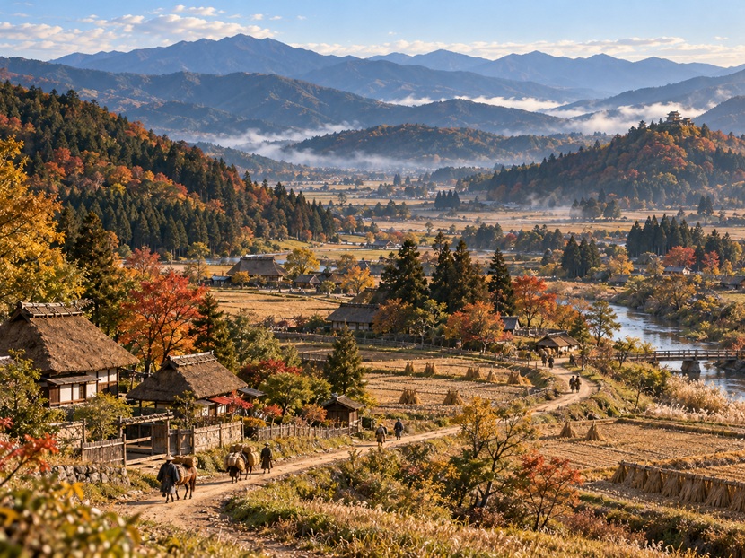 戦国時代の奥州をイメージした山々と田園風景に続く街道