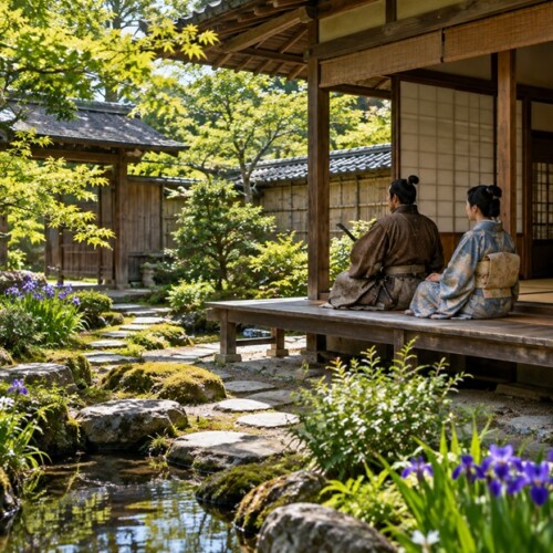 戦国時代の武家屋敷で庭を眺める前田利家と妻まつをイメージした夫婦の風景
