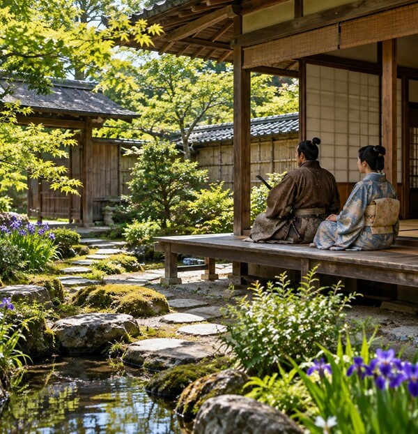 戦国時代の武家屋敷で庭を眺める前田利家と妻まつをイメージした夫婦の風景