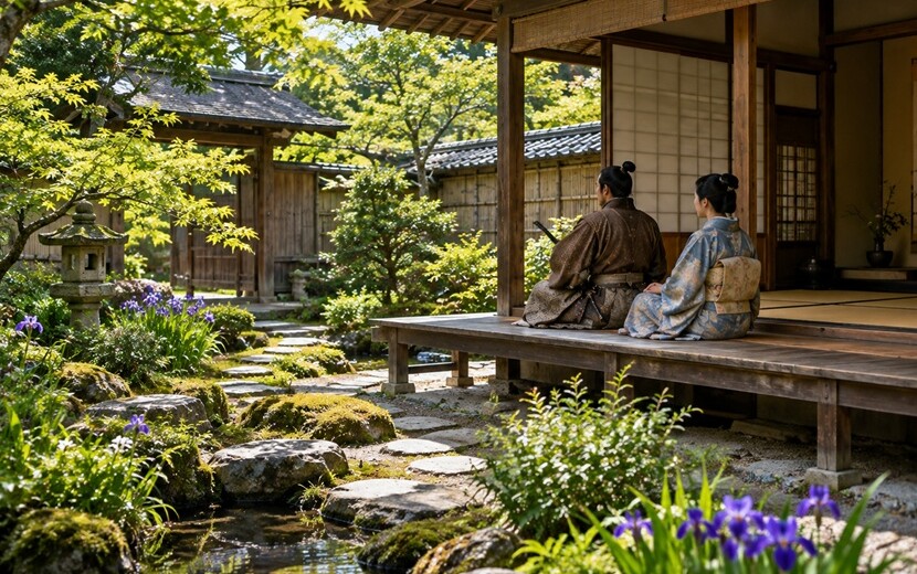 戦国時代の武家屋敷で庭を眺める前田利家と妻まつをイメージした夫婦の風景