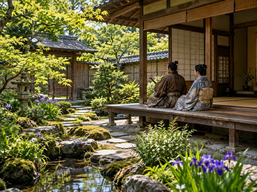 戦国時代の武家屋敷で庭を眺める前田利家と妻まつをイメージした夫婦の風景