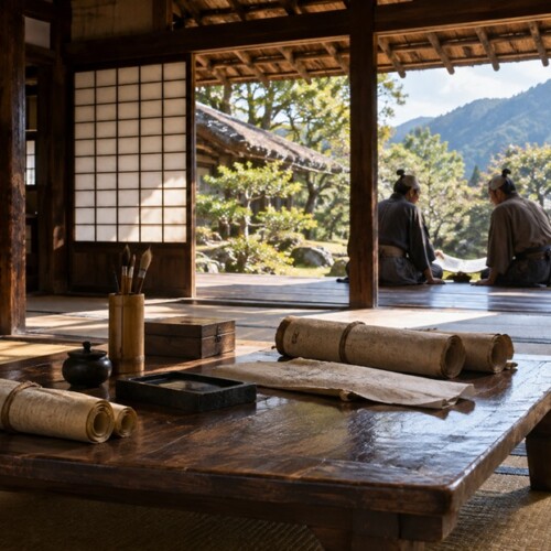 戦国時代の甲斐国をイメージした書院と巻物を前に語り合う武士たち