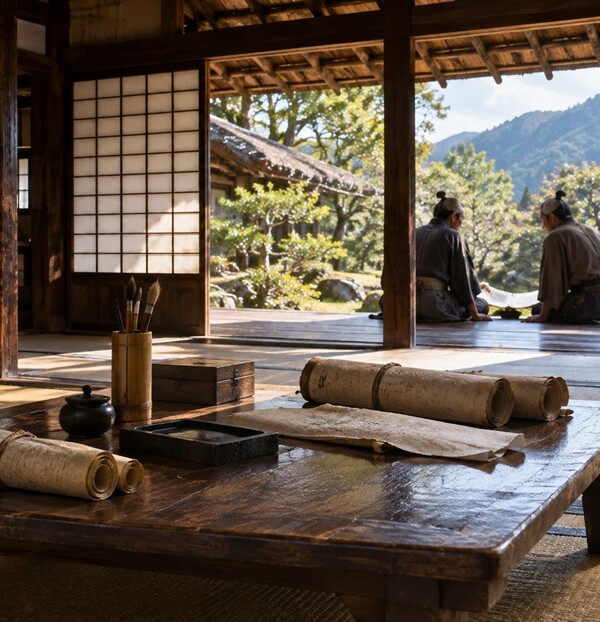 戦国時代の甲斐国をイメージした書院と巻物を前に語り合う武士たち