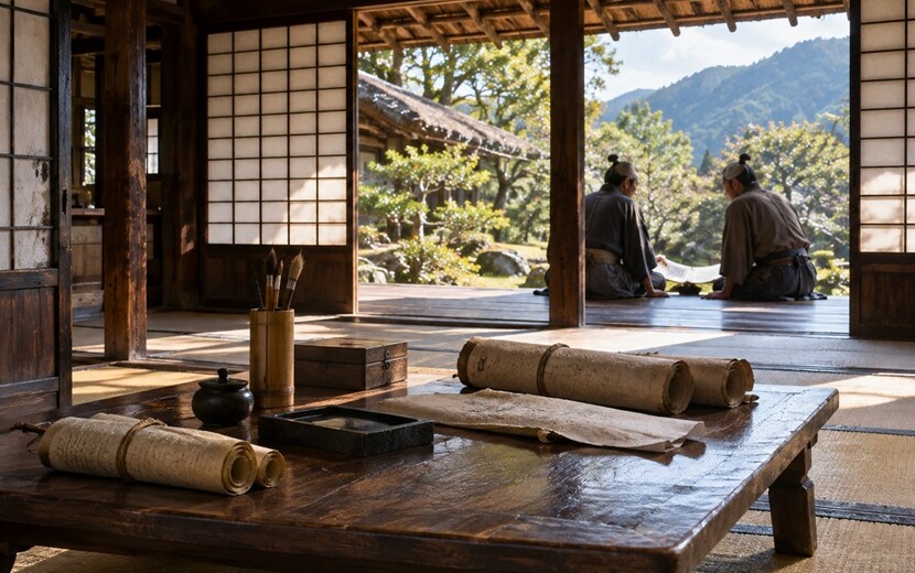 戦国時代の甲斐国をイメージした書院と巻物を前に語り合う武士たち