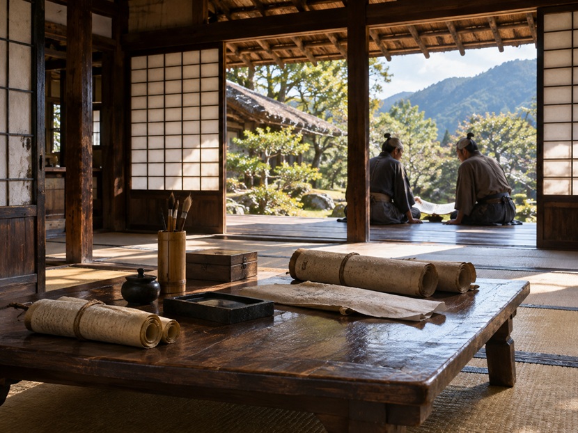 戦国時代の甲斐国をイメージした書院と巻物を前に語り合う武士たち