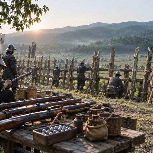 1575年の長篠の戦いで鉄砲と馬防柵を準備する織田軍の歴史再現風景
