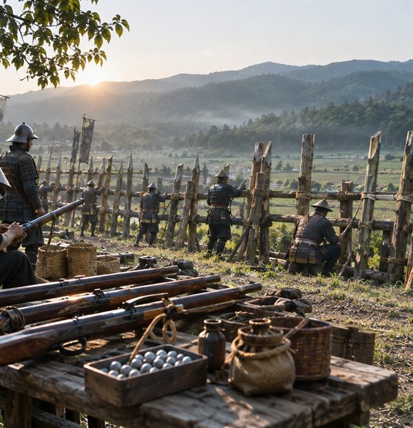 1575年の長篠の戦いで鉄砲と馬防柵を準備する織田軍の歴史再現風景