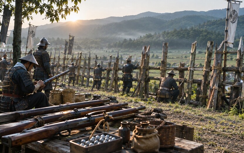 1575年の長篠の戦いで鉄砲と馬防柵を準備する織田軍の歴史再現風景
