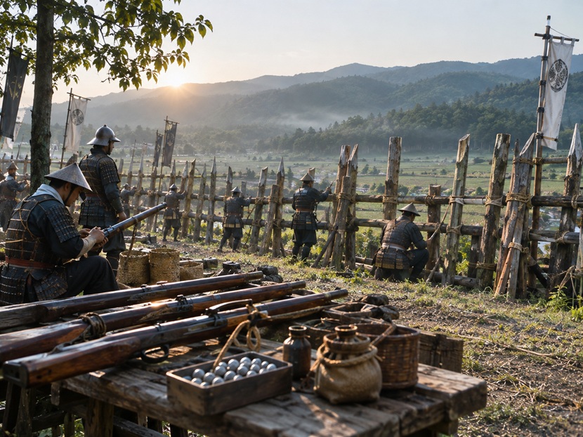 1575年の長篠の戦いで鉄砲と馬防柵を準備する織田軍の歴史再現風景