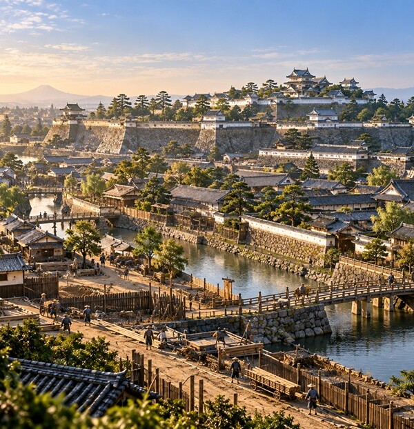 徳川家康が江戸幕府を開いた時代をイメージした江戸城と城下町の風景