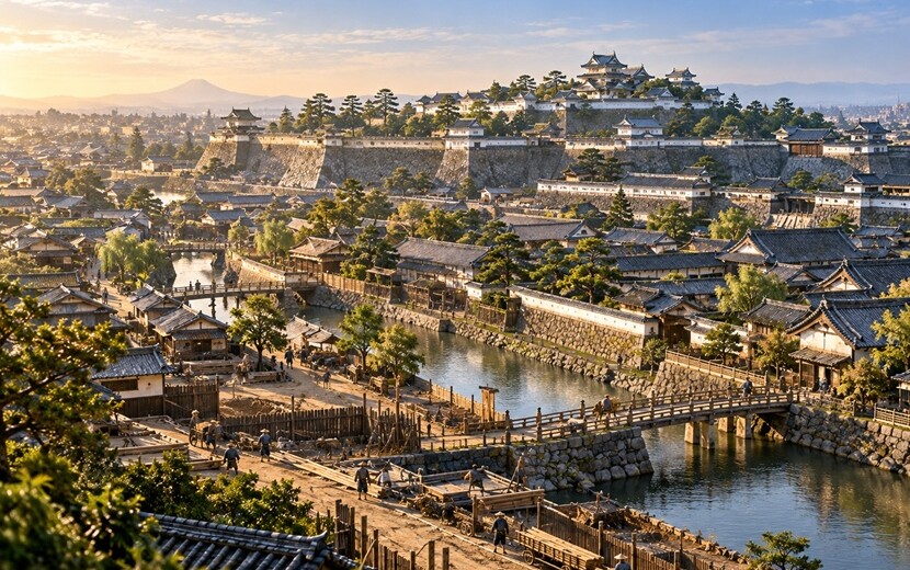 徳川家康が江戸幕府を開いた時代をイメージした江戸城と城下町の風景