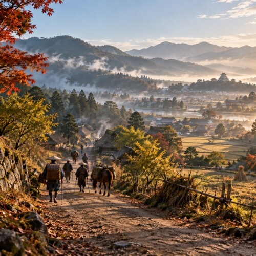 戦国時代から江戸時代への移り変わりを表現した日本の街道風景