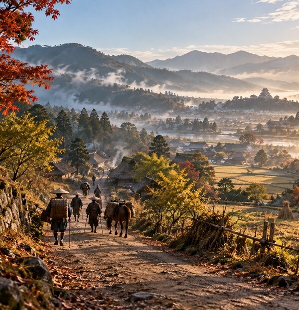 戦国時代から江戸時代への移り変わりを表現した日本の街道風景